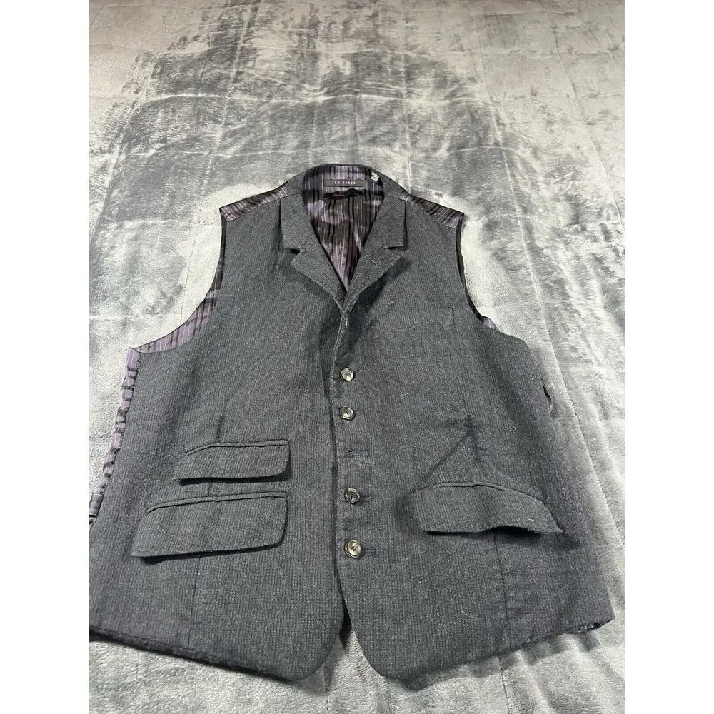TED BAKER Wool Debonair Purple Navy Blue Button Front Sleeveless‎ Vest 40R